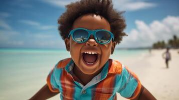 ai generado un gordito africano americano chico con lentes felizmente disfrutando él mismo en un soleado playa durante un calentar día foto