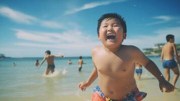 AI generated a chubby asian boy joyfully having a great time on a sunny beach during a warm day. toddler on the beach at summertime with copy space photo