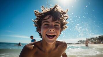 AI generated a teenage boy happily enjoying himself on a sunny beach during a warm day. teenage boy on the beach in the summer. travelling alone concept, happy moment photo