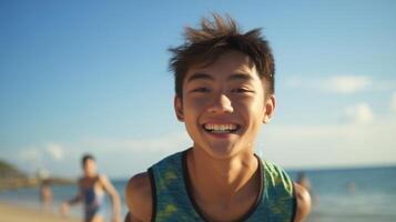 ai generado un joven asiático Adolescente felizmente disfrutando él mismo en un soleado playa durante un calentar día. foto