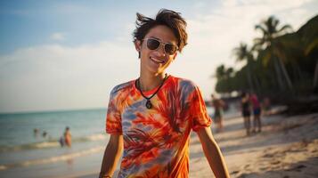 AI generated a young thai teenage happily enjoying himself on a sunny beach during a warm day. photo