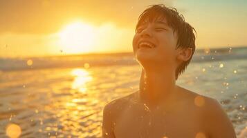 AI generated a young thai teenage happily enjoying himself on a sunny beach during a warm day. photo