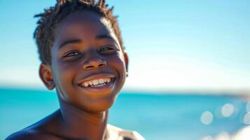 AI generated a young african american teenage happily enjoying himself on a sunny beach during a warm day. photo