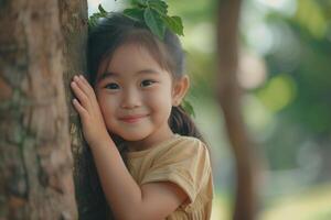 ai generado pequeño tailandés niña abrazando un árbol con sonrisa en su rostro, ecosistema y sano ambiente concepto, tierra día, salvar el mundo. foto