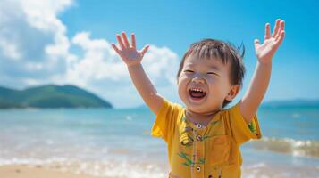 AI generated a little asian boy joyfully having a great time on a sunny beach during a warm day. toddler on the beach at summertime with copy space photo