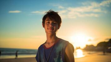 ai generado un joven tailandés Adolescente felizmente disfrutando él mismo en un soleado playa durante un calentar día. foto