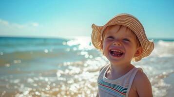 AI generated a little boy joyfully having a great time on a sunny beach during a warm day. toddler on the beach at summertime with copy space photo