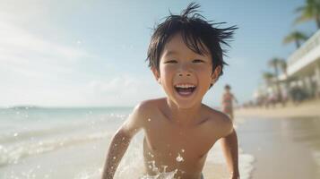 AI generated an asian boy joyfully having a great time on a sunny beach during a warm day. toddler on the beach at summertime with copy space photo