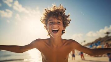 AI generated a teenage boy happily enjoying himself on a sunny beach during a warm day. teenage boy on the beach in the summer. travelling alone concept, happy moment photo