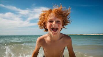 AI generated a ginger boy happily enjoying himself on a sunny beach during a warm day photo