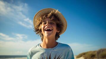 AI generated a teenage boy happily enjoying himself on a sunny beach during a warm day. teenage boy on the beach in the summer. travelling alone concept, happy moment photo