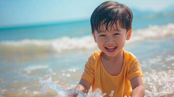 AI generated a little asian boy joyfully having a great time on a sunny beach during a warm day. toddler on the beach at summertime with copy space photo
