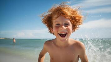 AI generated a ginger boy happily enjoying himself on a sunny beach during a warm day photo
