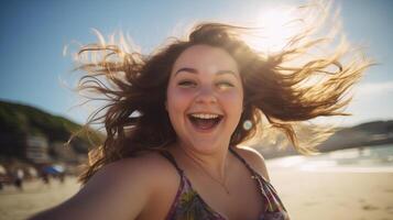 AI generated A chubby teenage girl happily enjoying herself on a sunny beach during a warm day. girl on the beach in the summer. travelling alone concept, happy moment. photo