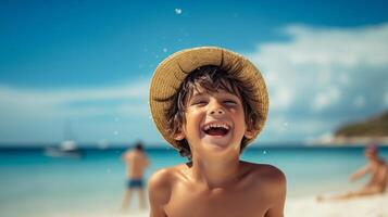 ai generado un chico con el sombrero alegremente teniendo un genial hora en un soleado playa durante un calentar día. foto