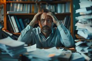 AI generated A middle-aged man sits in his office, surrounded by piles of work, holding his head in stress from work, symbolizing work burnout photo