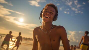 ai generado un joven africano americano Adolescente felizmente disfrutando él mismo en un soleado playa durante un calentar día. foto