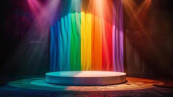 AI generated empty white podium on rainbow flag background with spotlight on top for product presentation, pride month theme photo