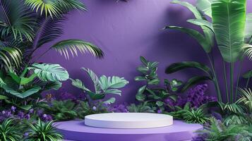 AI generated A white podium against a purple backdrop, adorned with lush greenery and violet flowers for product presentation photo
