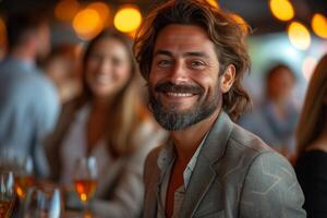 ai generado un hombre es sonriente felizmente mientras teniendo cena a un Respetuoso del medio ambiente lugar de trabajo, diverso personas un el oficina fiesta. foto