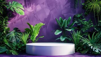 AI generated white podium on a purple background full of green decorative plants for product presentation photo