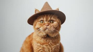 ai generado un regordete, adorable naranja gato con grande redondo ojos, vestido en un de bruja sombrero aislado en blanco fondo, encarnando el Víspera de Todos los Santos espíritu foto