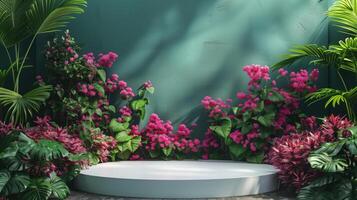 AI generated white podium on a verdant green background, adorned with an abundance of green plants and pink bloom flowers photo