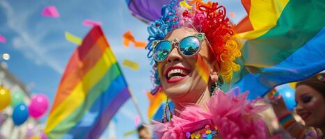 ai generado un vibrante y vistoso arrastrar reina sonriente, participación un arco iris bandera, con un amplio ver de el cielo y revoloteando banderas foto