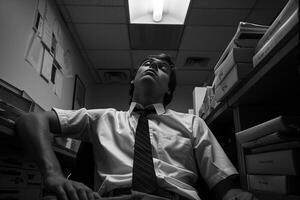 ai generado un recién empleado joven hombre, inicialmente lleno de conducir, dentro un Estresante oficina experimentando temprano carrera agotamiento foto