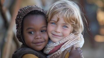 ai generado un caucásico niña y un africano niña abrazando cada otro, rodeado por un ambiente de amar, calor, sonriente caras, y alegría foto