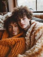 AI generated Happy gay couple in cozy peach color outfits enjoying a TV series in a relaxed living room photo