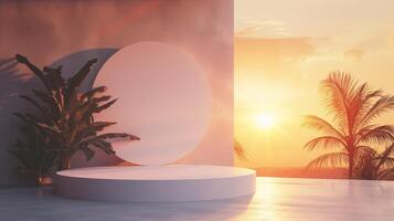 AI generated Empty white podium on clean white room with sunset sky background and tropical trees for product presentation. photo