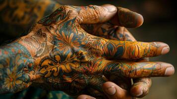 AI generated Close up of a man's hand full of colorful flower tattoo photo