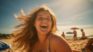 AI generated A chubby teenage girl happily enjoying herself on a sunny beach during a warm day. girl on the beach in the summer. travelling alone concept, happy moment. photo