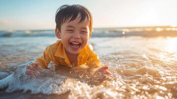 AI generated a little asian boy joyfully having a great time on a sunny beach during a warm day. toddler on the beach at summertime with copy space photo