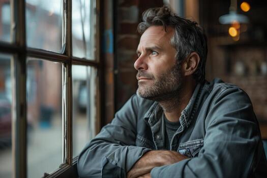 AI generated A man sits in a coffee shop, looking out the window with a thoughtful expression, pondering various things photo