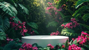 AI generated white podium against on lush green background, densely populated with green foliage and vibrant dark pink flowers photo