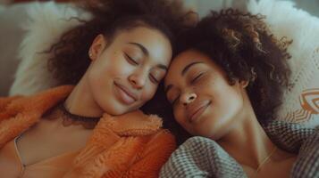 AI generated Happy LGBTQ couple in soft peach fuzz attire, relaxed in their living room. photo
