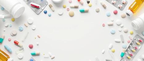 AI generated Top view of medications and medical equipment arranged on a solid white background with copy space photo