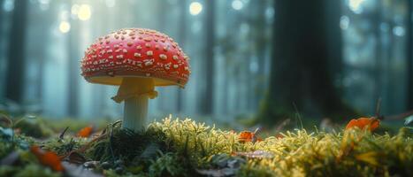 AI generated panorama of beautiful small red and white fly agaric poisonous musroom in deep magic forest. Fairy tale scenic view of toadstool amanita fungus in fallen neadles and leaves. photo