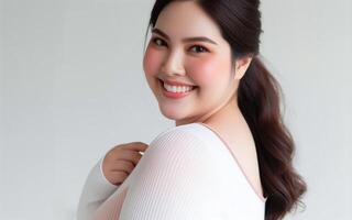 AI generated The fat woman smiled, looking confident in herself. Beautiful fat woman concept, white background photo