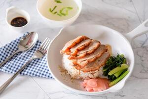 Roasted duck with steam rice, vegetable and pickled ginger on white background as traditional Chinese food photo