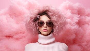 AI generated Abstract fantasy girl wearing colorful fluffy fur stole around her neck and sunglasses. Light form Studio lighting on pink background. photo