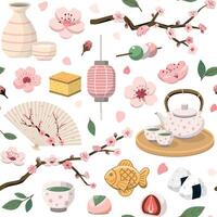 Spring Cherry Blossom Viewing Picnic seamless pattern. Isolated on white background. Seasonal festive graphics vector