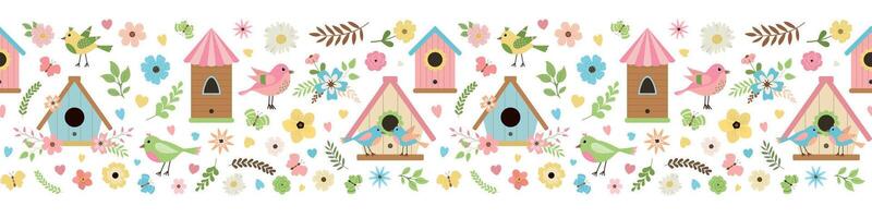 Cute bird houses and birds, vector seamless pattern. Spring nature graphic. Isolated on white background