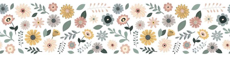 Spring flowers and leaves seamless border pattern in pastel scandinavian palette. Isolated on white background. Minimalistic abstract floral pattern. Design for textile, wallpaper vector