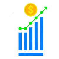 Vector icon of increasing dollar value marked with an upward arrow. Dollar symbol and statistics graph isolated on white background. Business growth concept.