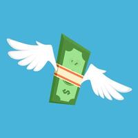 Vector illustration of stack of banknotes flying with wings. Dollars tied with neat ribbon isolated on blue background. Concept of investment, wealth, spending, inflation and loss of savings.