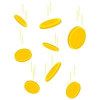 Vector icon of falling gold coin with speed line isolated on white background. Illustration of raining coins. Concept of winning or jackpot.