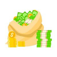 Money bag vector illustration. Icons of dollars and gold coins stacked on white background. A sack full of money. Suitable for business, finance, profits and payments.